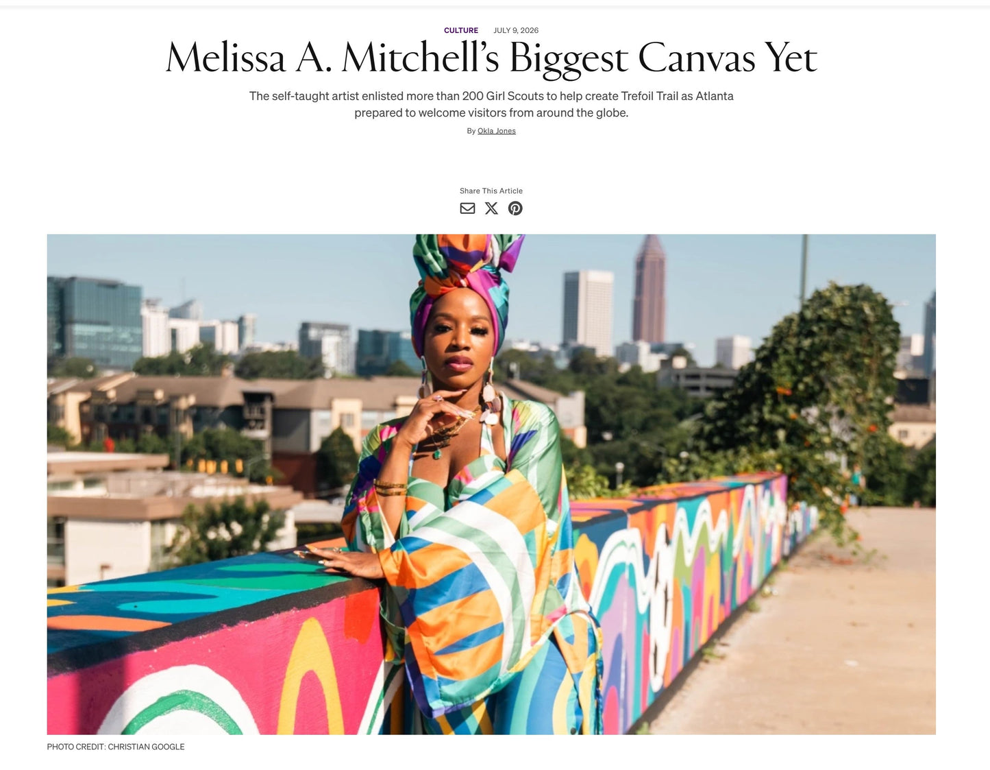 Melissa A. Mitchell, Atlanta mural artist, featured by ESSENCE for creating the Trefoil Trail mural celebrating the 2026 FIFA World Cup in Atlanta.