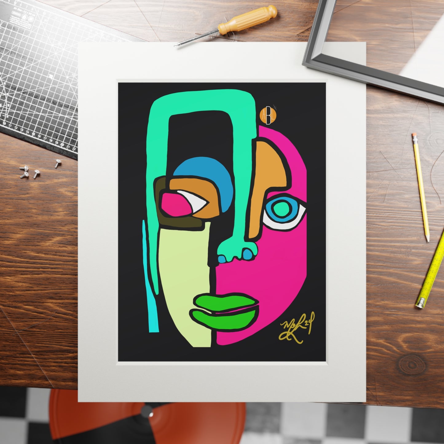 Cara (Pink/Green)- Fine Art Prints (Passepartout Paper Frame)