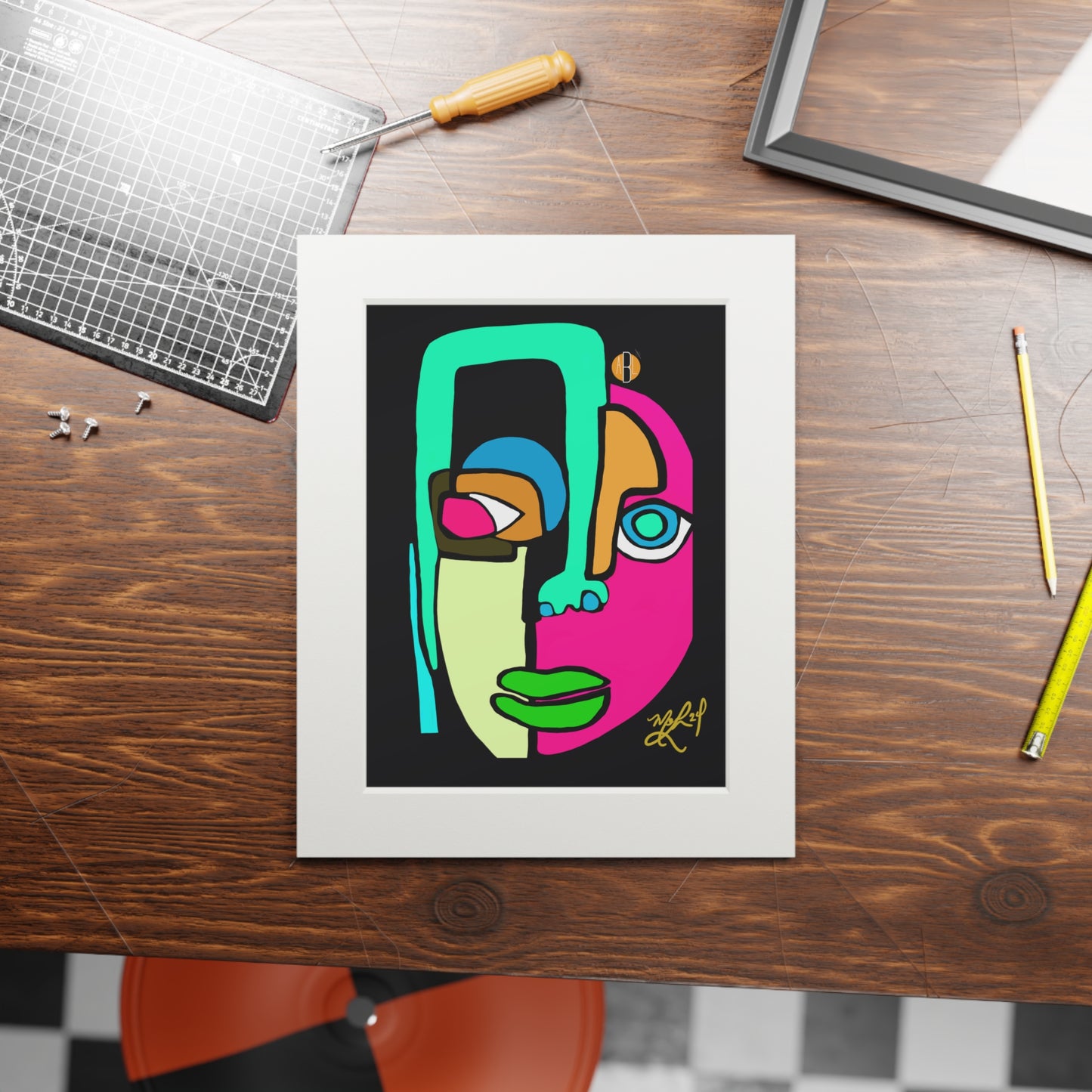 Cara (Pink/Green)- Fine Art Prints (Passepartout Paper Frame)