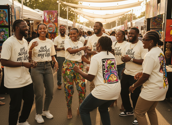 “Art Saved My Life” w/ Cara (Yellow) Art– T-Shirt (Tan/Cream)- Limited Edition