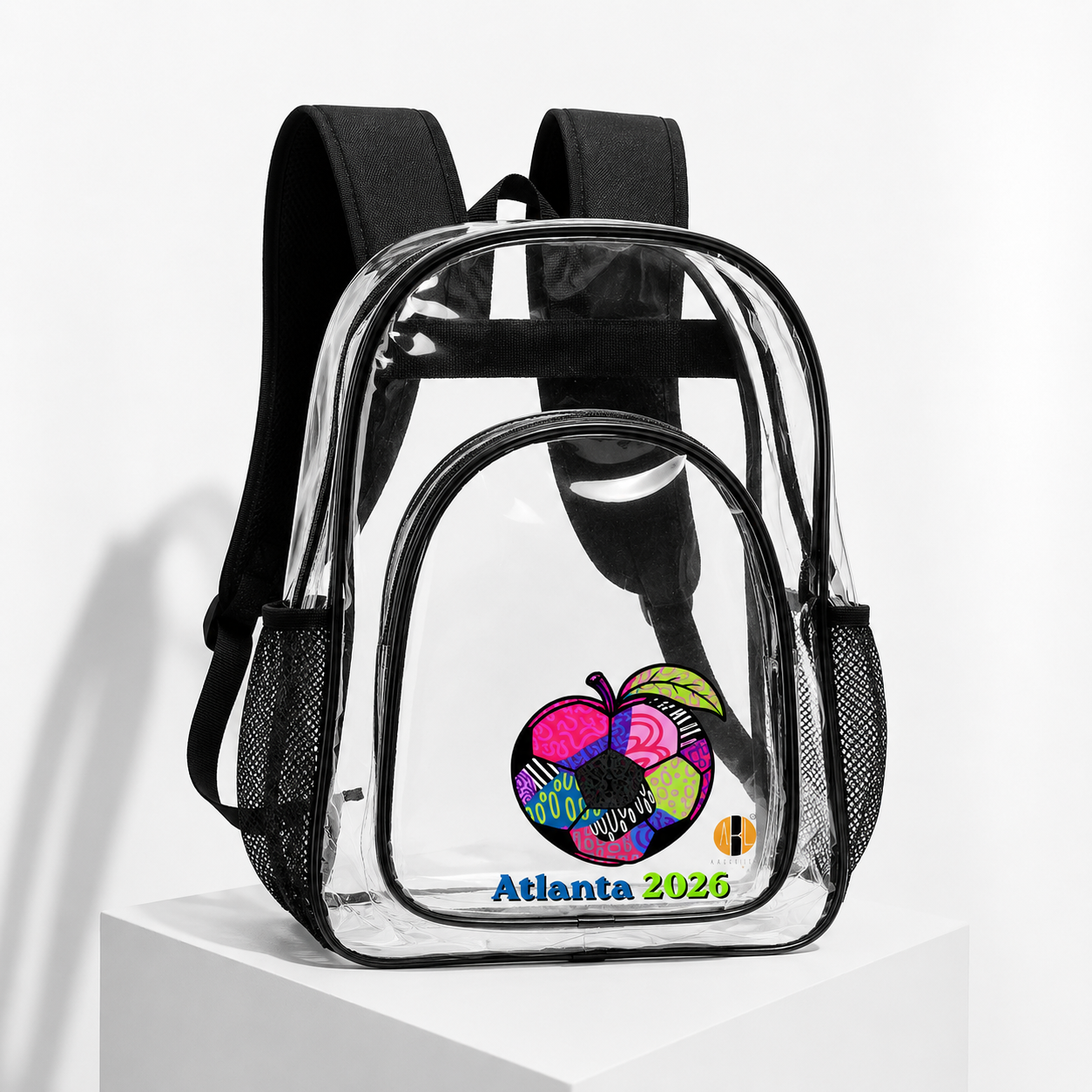 Clear stadium backpack featuring the ATL Ponce Pop design with bold colorful abstract artwork inspired by Atlanta culture, FIFA energy, wearable art, and global street style by Melissa A. Mitchell.
