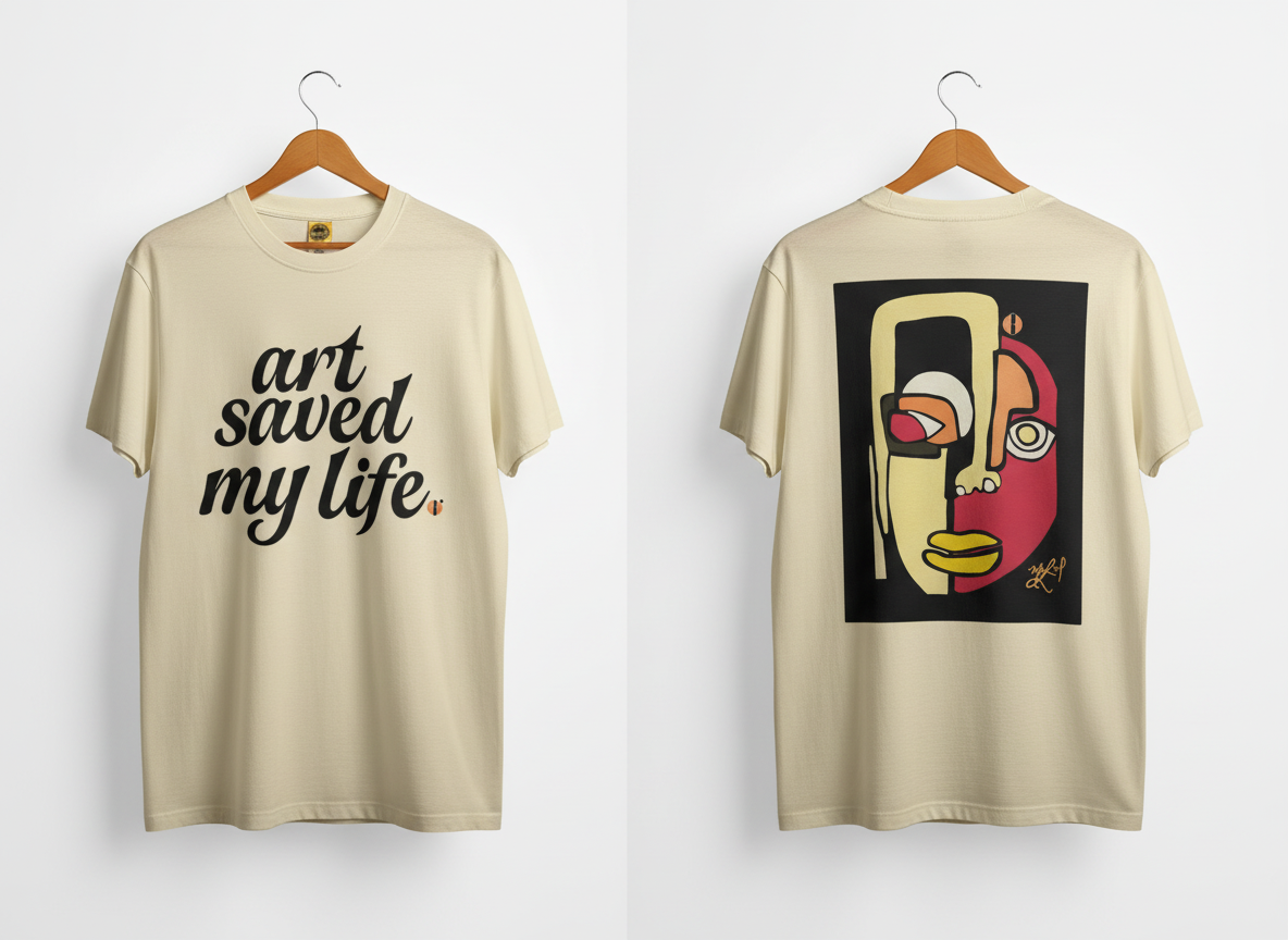 “Art Saved My Life” w/ Cara (Yellow) Art– T-Shirt (Tan/Cream)- Limited Edition