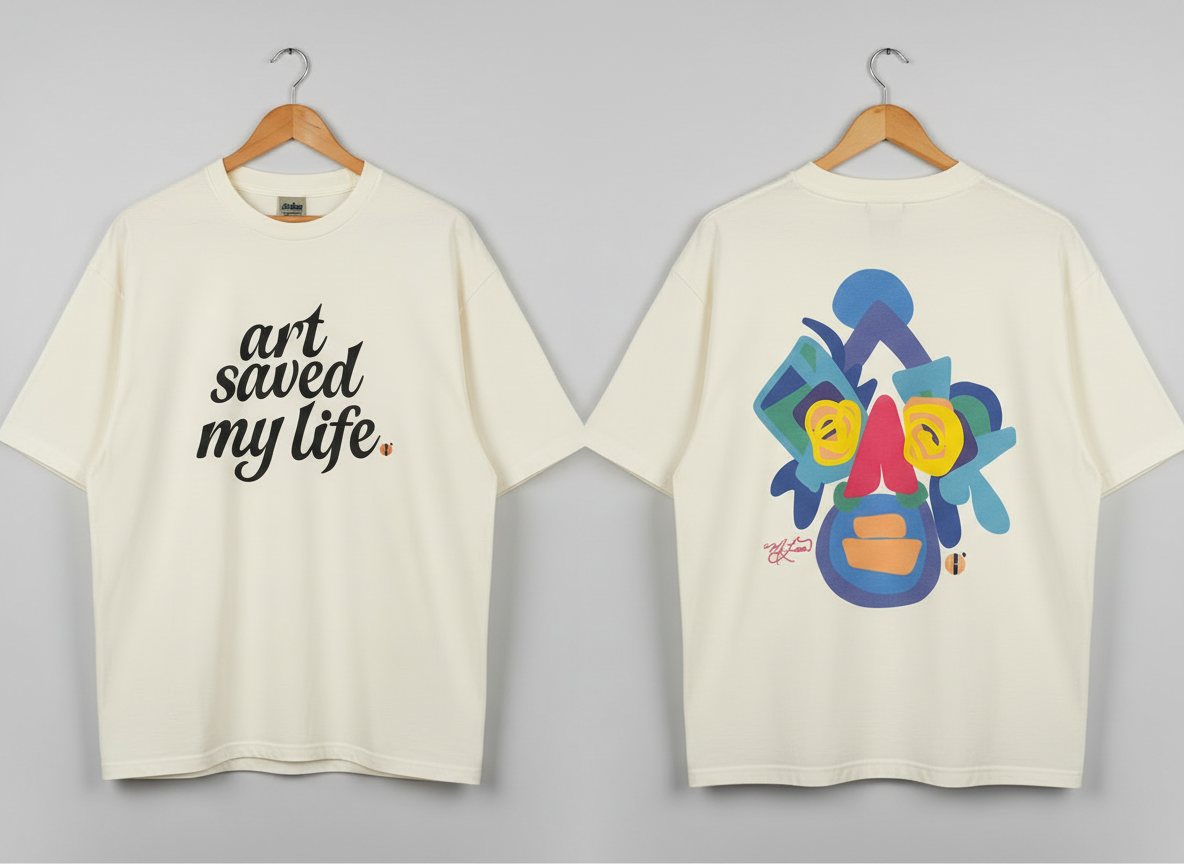 “Art Saved My Life” w/ Junkanoo Jefe – Drop Shoulder Heavyweight Shirt (Tan/Cream)