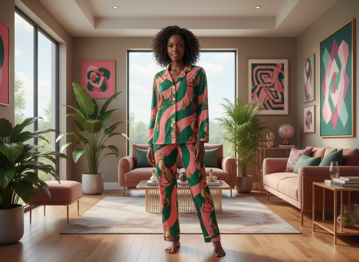 A woman stands in a modern living room wearing a matching pajama set with a bold pink and green abstract pattern. The room features contemporary furniture, large windows, and framed wall art.