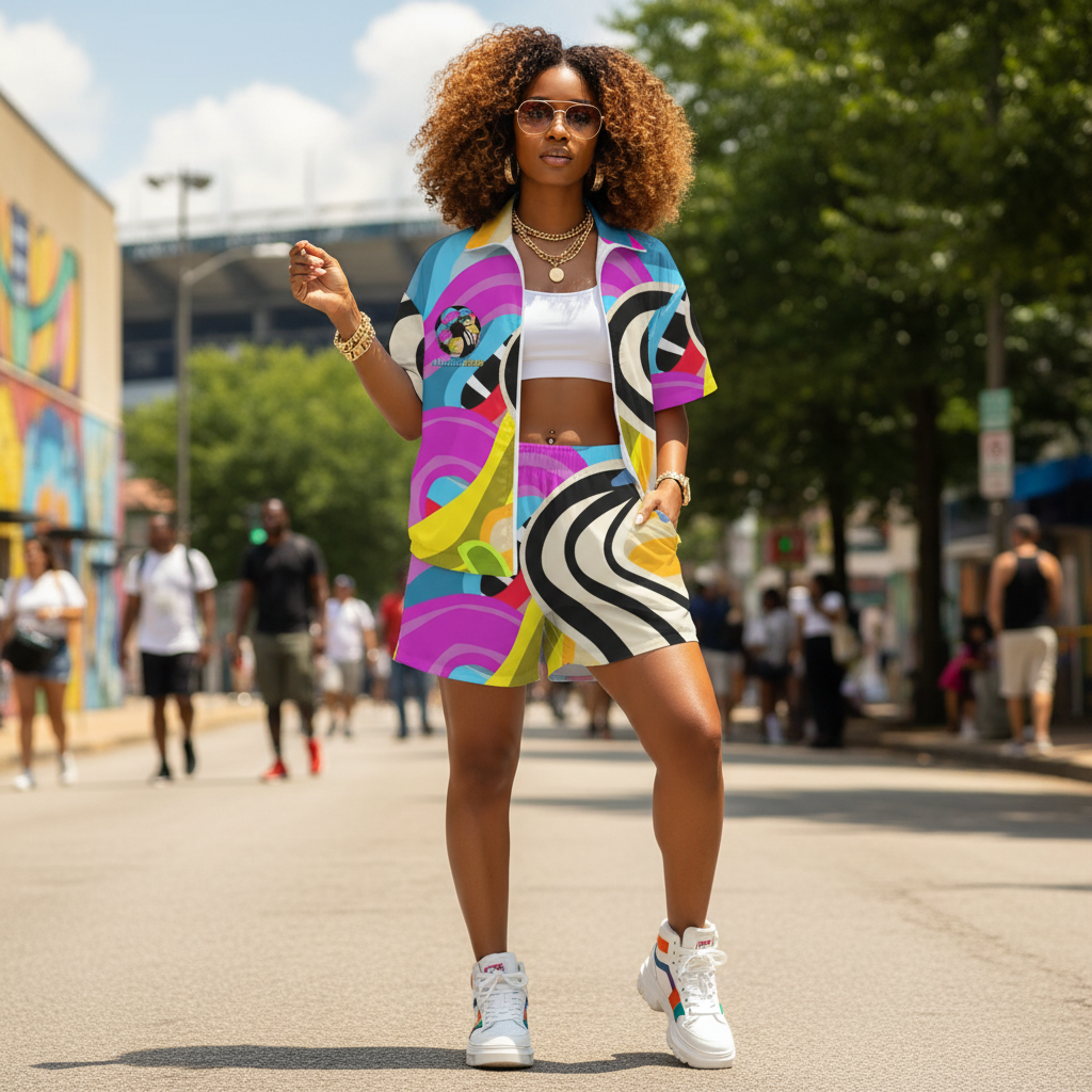 African American Fashion model wearing colorful Abeille Creations wearable art outfit inspired by Atlanta FIFA murals, standing in front of a vibrant public art wall near downtown Atlanta with luxury streetwear and soccer-inspired fashion styling.