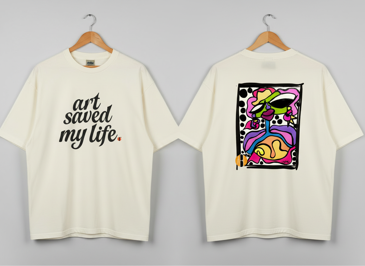 “Art Saved My Life” w/ Nuru Art  – Drop Shoulder Heavyweight Shirt (Tan/Cream)