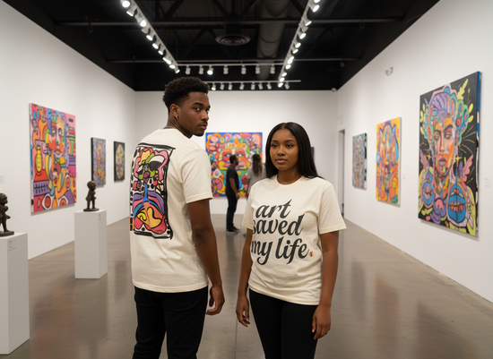 “Art Saved My Life” w/ Nuru Art  – Drop Shoulder Heavyweight Shirt (Tan/Cream)