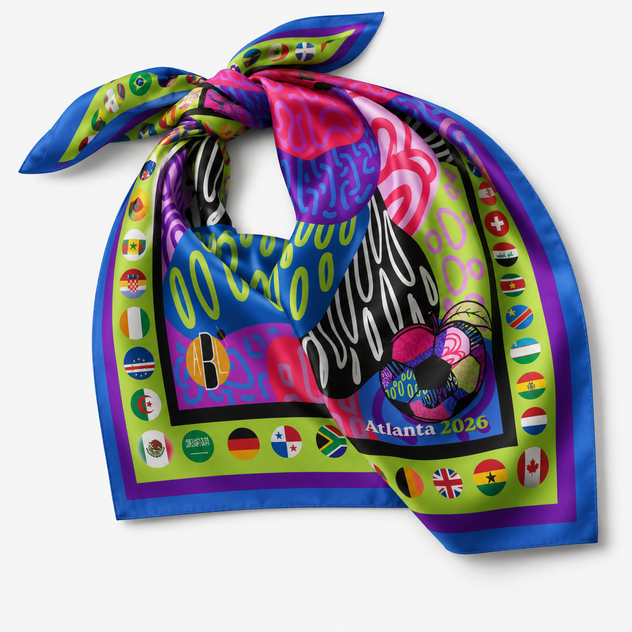Colorful Ponce Pop silk scarf featuring global country flags, bold abstract artwork, and FIFA-inspired Atlanta design by Melissa A. Mitchell, styled as wearable art for travel, fashion, and cultural expression.