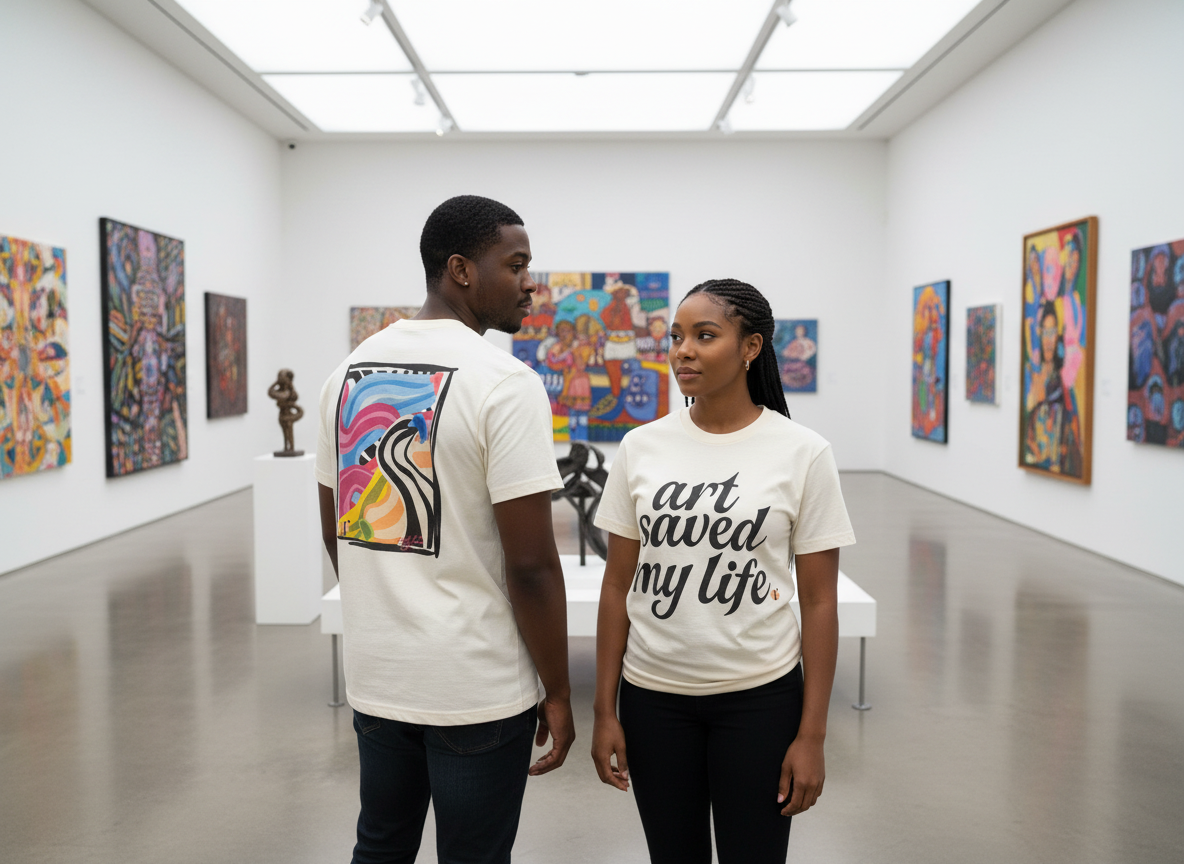 “Art Saved My Life” w/ Samaki Art– T- Shirt (Tan/Cream)- Limited Edition