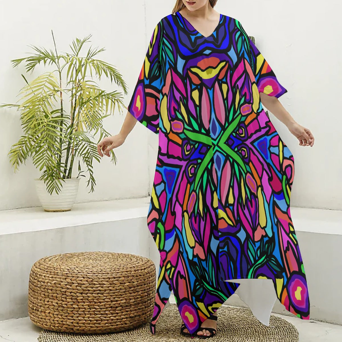 Load image into Gallery viewer, Rosie-  (Faux Silk) V-neck Kaftan Robe