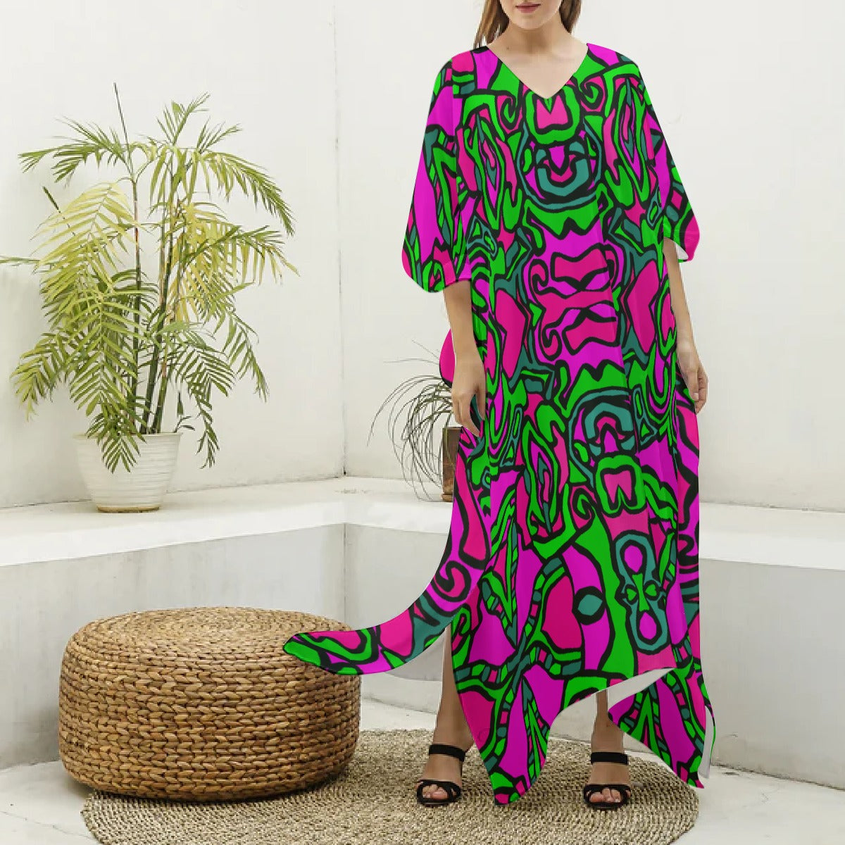 Load image into Gallery viewer, Pink Dream- (Faux Silk) V-neck Kaftan Robe