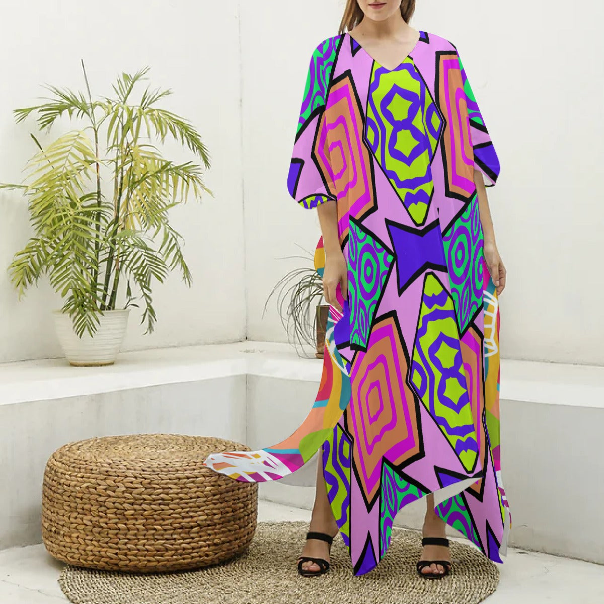 Load image into Gallery viewer, Pink Pow/ Manal Split- (Faux Silk) V-neck Kaftan Robe